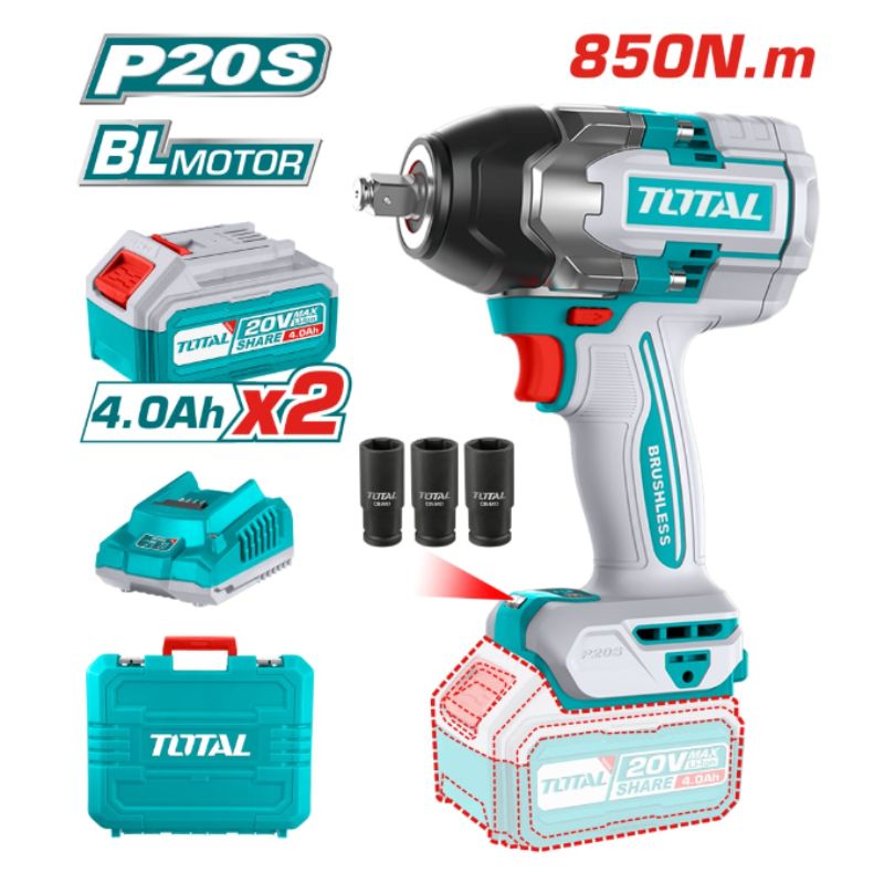 Акумулаторен ударен безчетков гайковерт TOTAL INDUSTRIAL, 20 V, 850 Nm, 2 x 4 Ah 