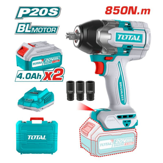 Акумулаторен ударен безчетков гайковерт TOTAL INDUSTRIAL, 20 V, 850 Nm, 2 x 4 Ah 